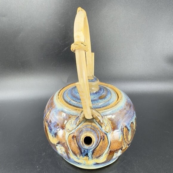 Vintage Pottery Stoneware Teapot Carafe With Wood Handle Drip Glaze Signed Mosia - Picture 15 of 16